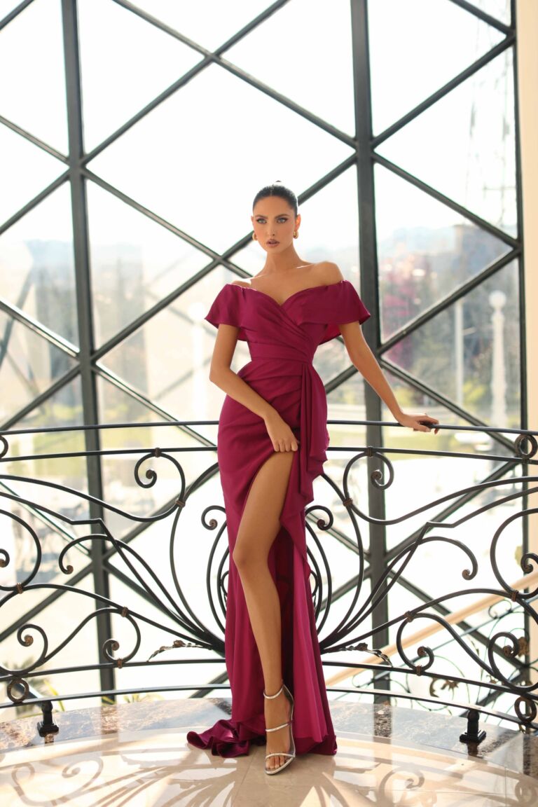 NC1040 by Nicoletta, an off-the-shoulder satin gown with a ruched bodice and sweetheart neckline
