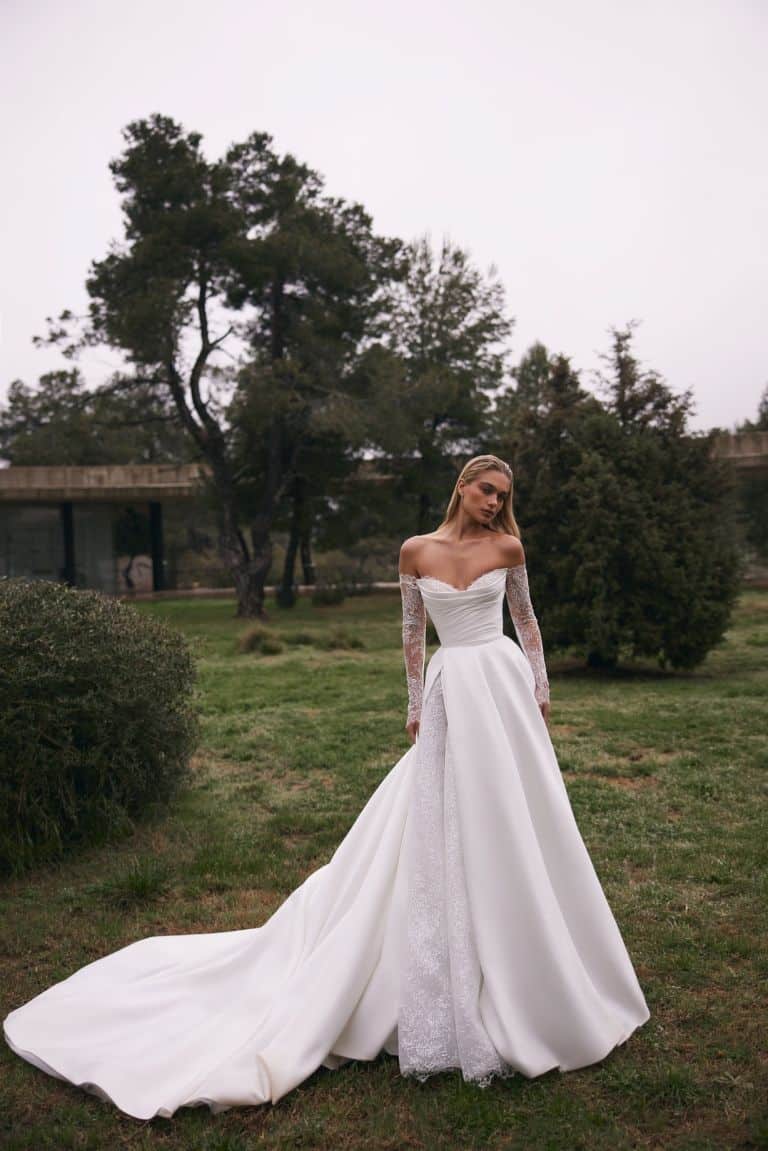 Aston by Eva Lendel, a satin wedding dress with a long train