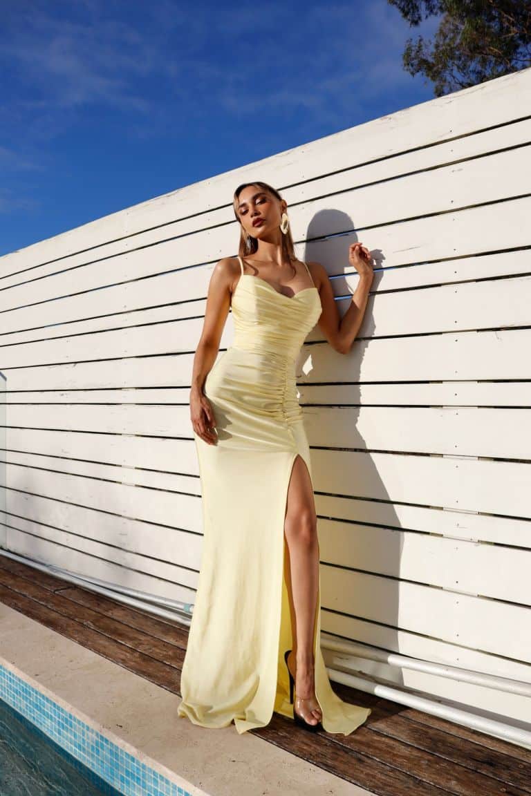 CP1001 by Nicoletta, a pale yellow gown with a side split