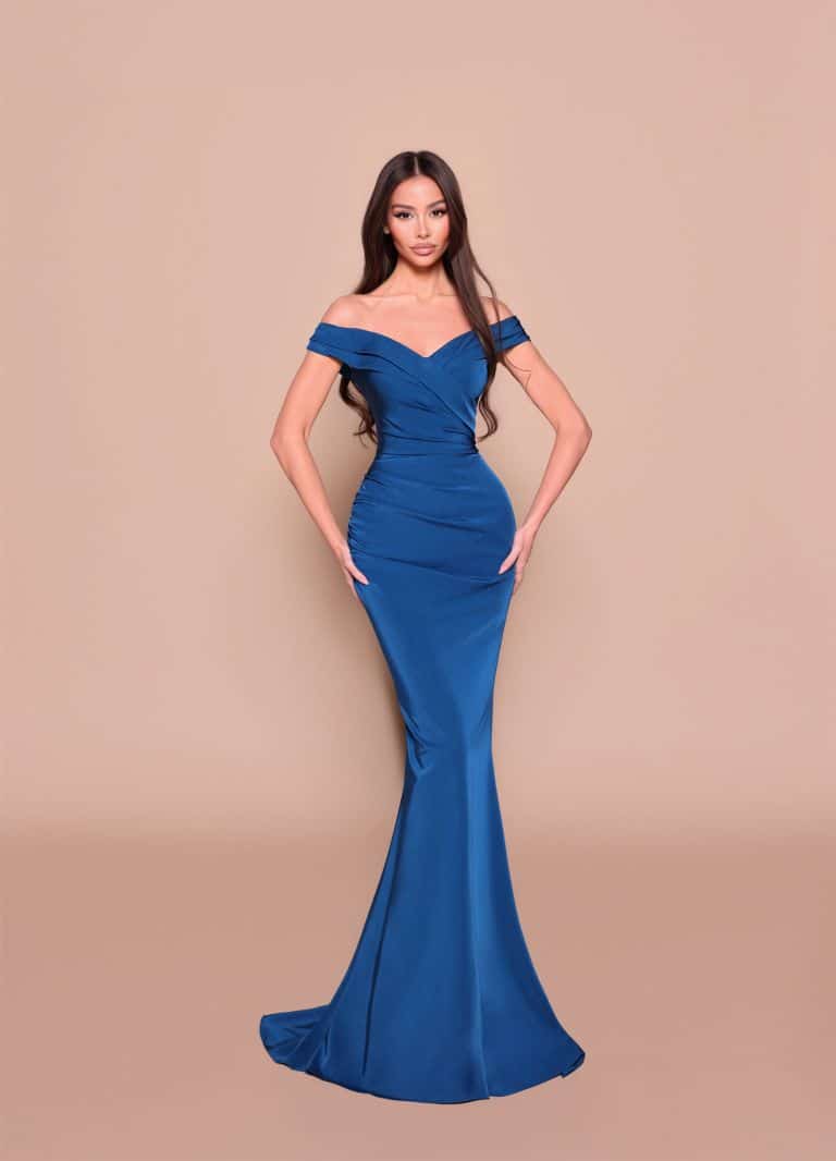 NBM3009 by Nicoletta, a teal off-the-shoulder gown with a ruched bodice